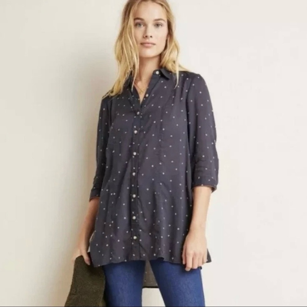 Maeve Anthropologie Monika Navy Dot Button Down Tunic Top Relaxed Office Classic